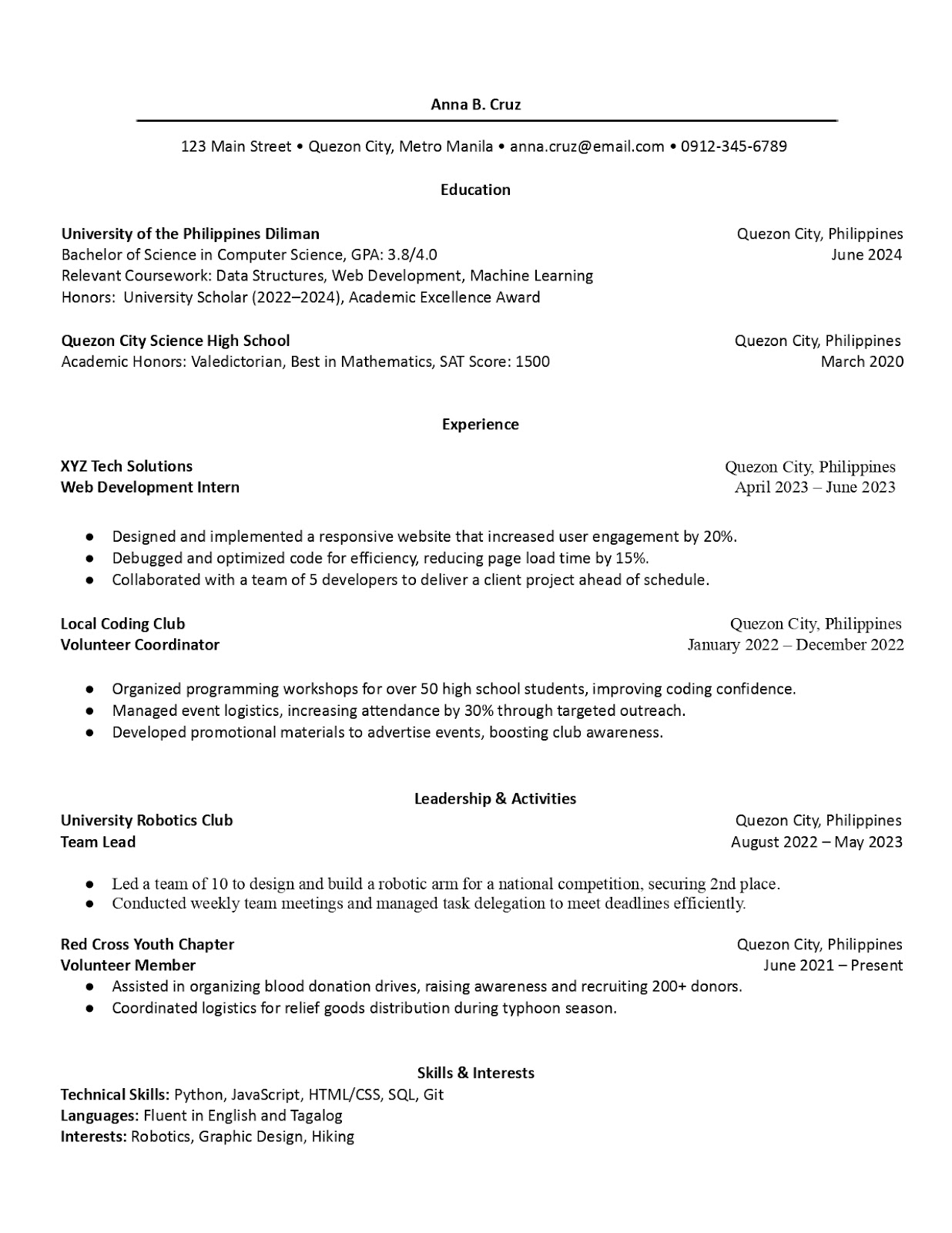 Sample beginner resume for fresh graduates