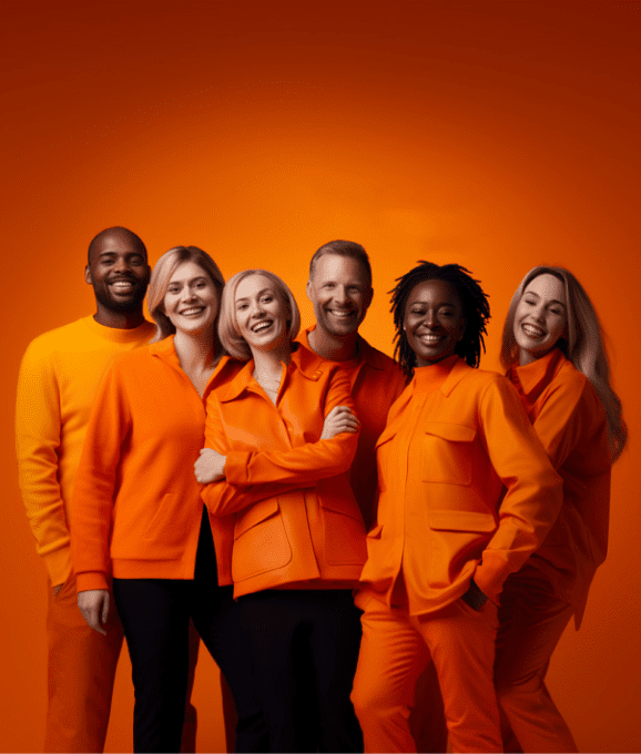 a team of employees wearing orange