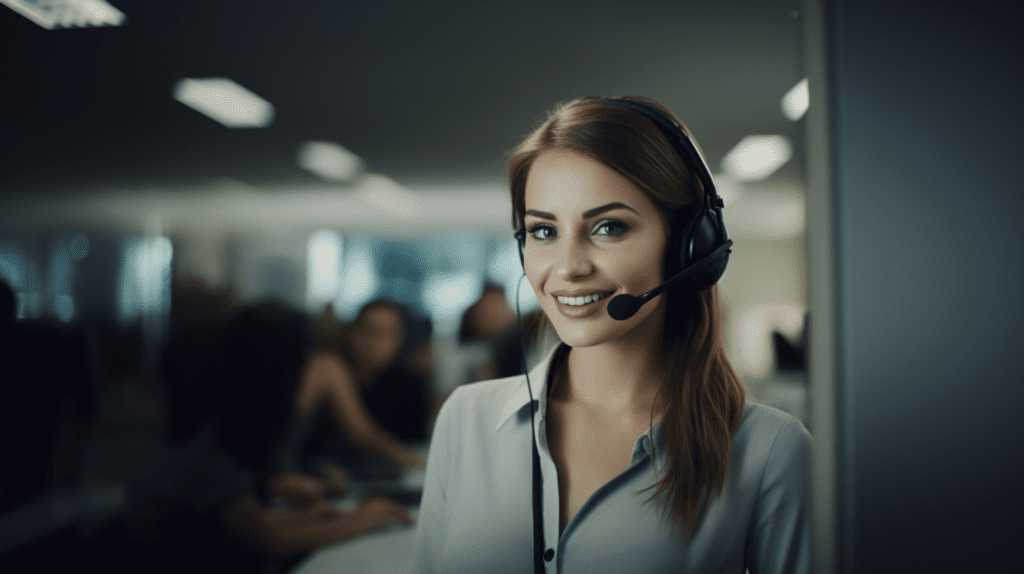 picture of a woman smiling with headset in an office